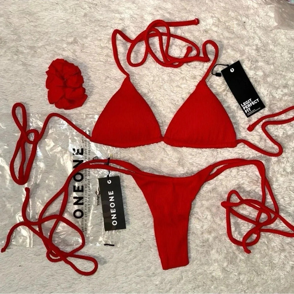 NWT OneOne Swimwear Bikini SET Ariel Red Ribbed Triangle Padded Small NEW - Picture 2 of 4